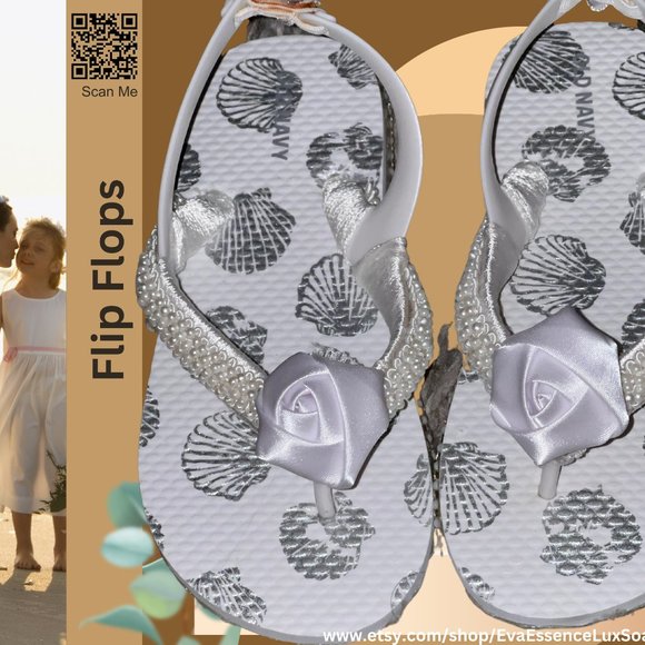 Child Flip Flops, Sliver Sea Shells, Childs Flip Flop Beach Sandal, Youth Shoes - Picture 15 of 16